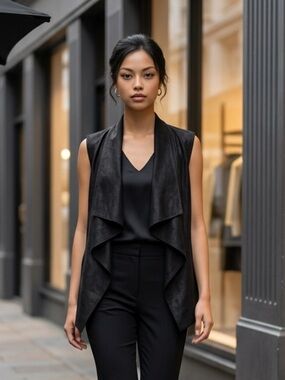 Zara Distressed Black Faux Leather Draped Open Cyber Cardigan Sleeveless Vest S